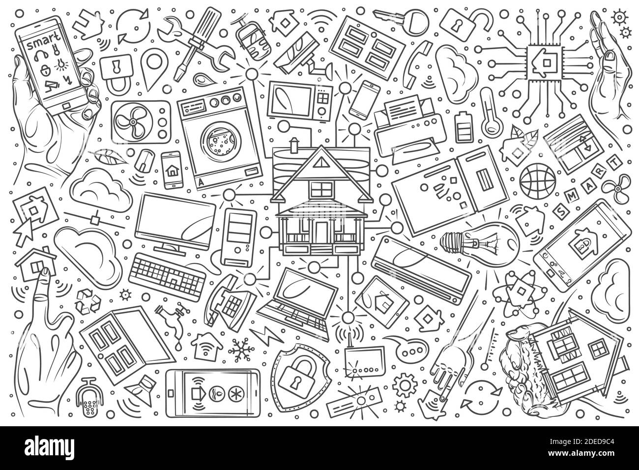 Hand drawn smart home set doodle vector illustration background Stock Vector