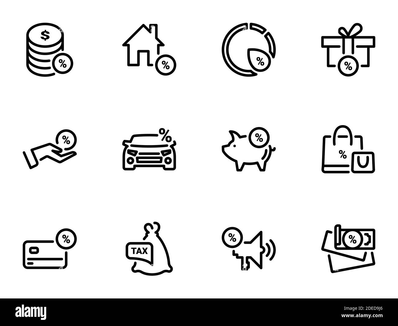 Set of black vector icons, isolated against white background. Illustration on a theme Basic elements of taxation and lending Stock Vector
