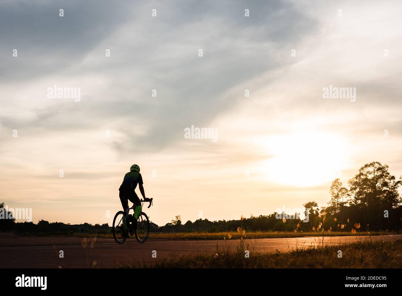 Backside of cyclist ride bicycle on sunset time in public park. Sport and active life concept. Stock Photo