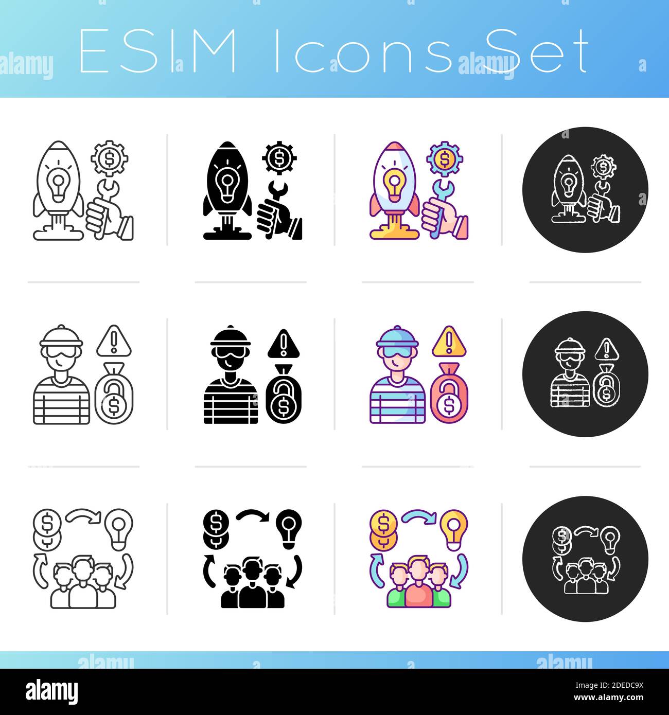 Different money types crowdfunding icons set Stock Vector