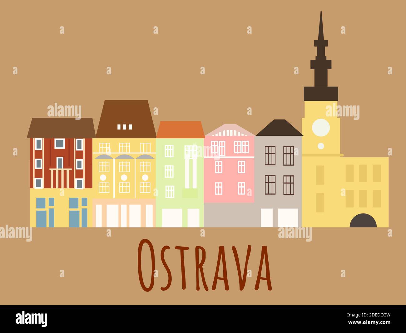 Cartoon flat The central square of Masaryk with the Old Town Hall in Ostrava. Symbol of Czech. Vector flat illustration isolated on white background. Stock Vector