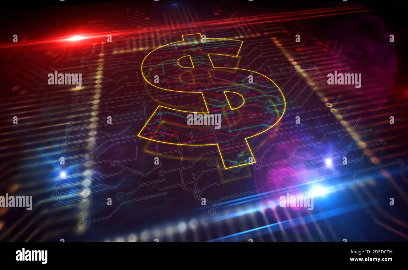 Dollar money business symbol, economy and finance concept. Futuristic 3D icon flying over computer board circuit. Abstract background illustration. Stock Photo