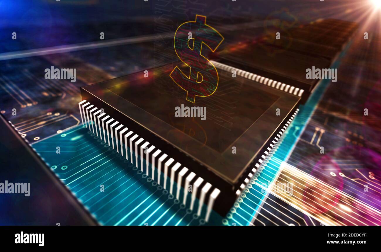 Dollar money business symbol, economy and finance abstract concept. Production line 3d rendering illustration. Factory with laser burning. Stock Photo
