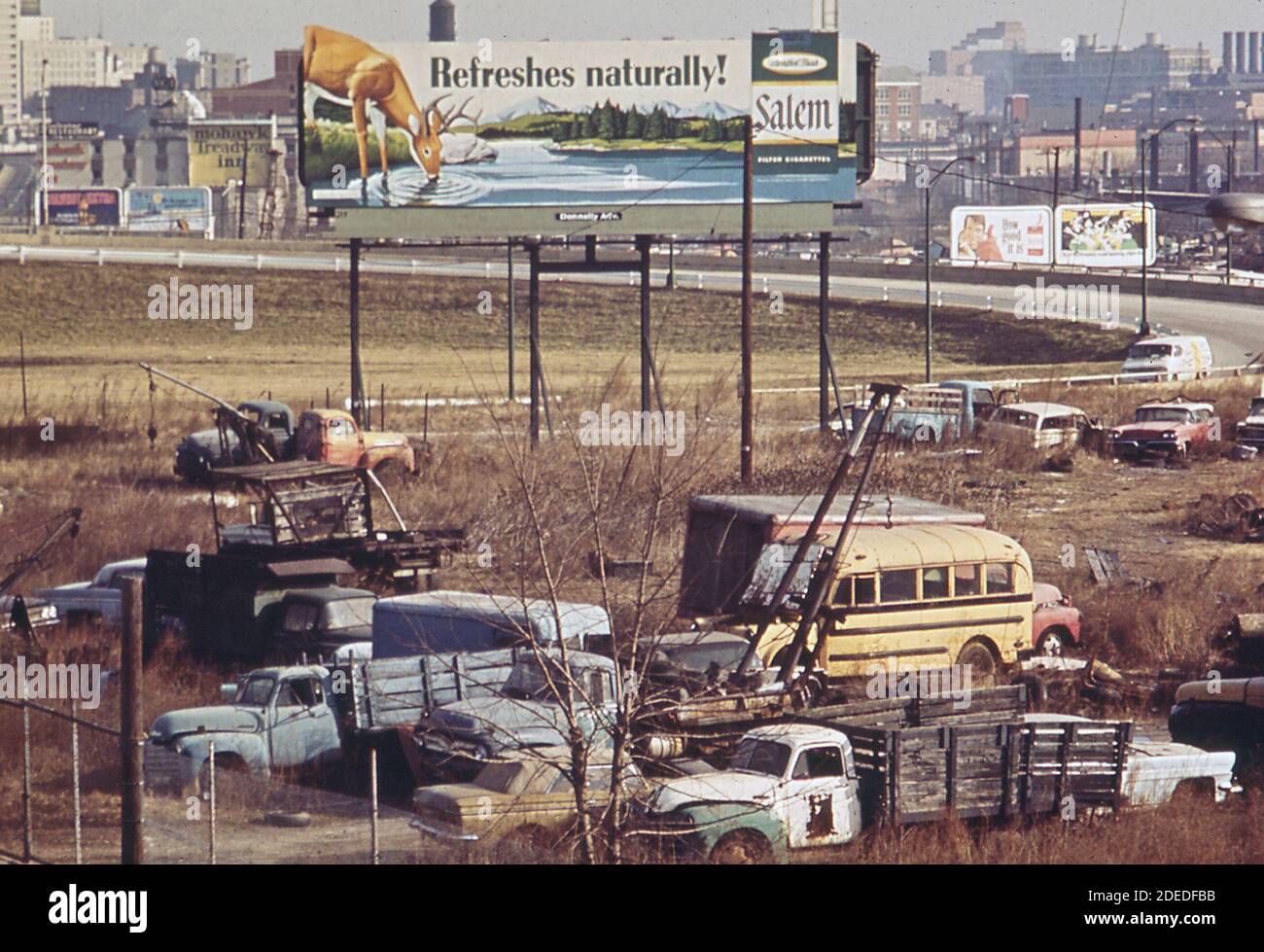 Abandoned vehicles alongside the Baltimore-Washington parkway ca. 1973 Stock Photo