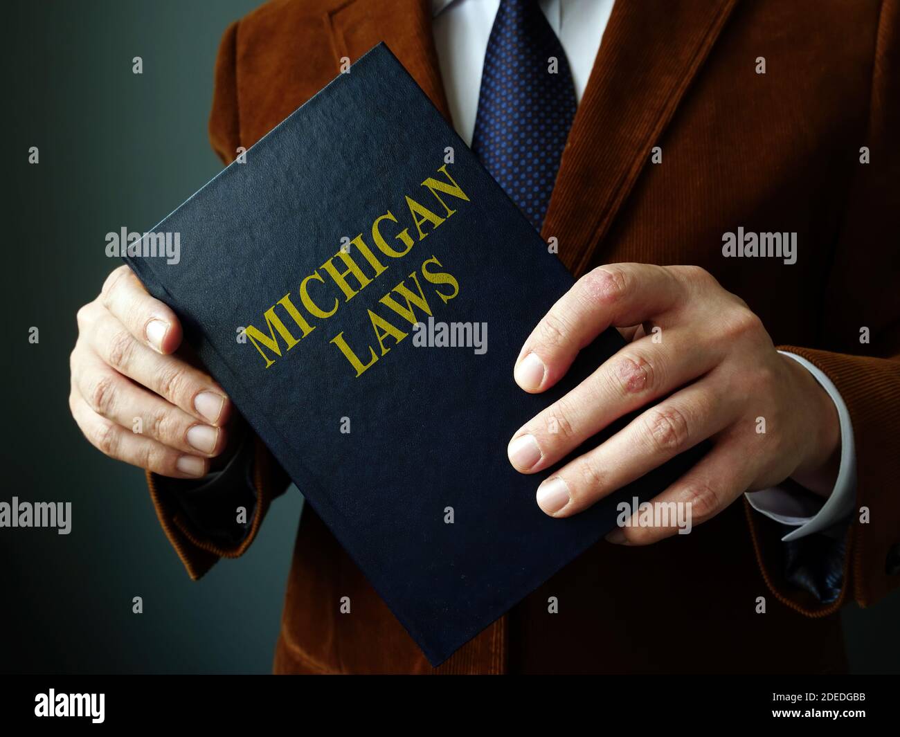 A Lawyer shows State Michigan law book. Stock Photo