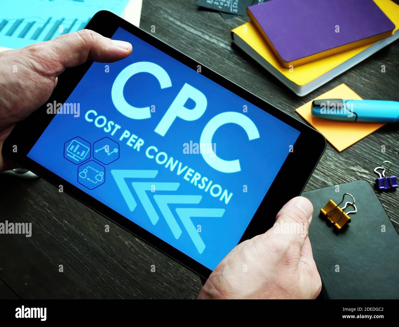 Cost Per Conversion CPC sign on the tablet. Stock Photo