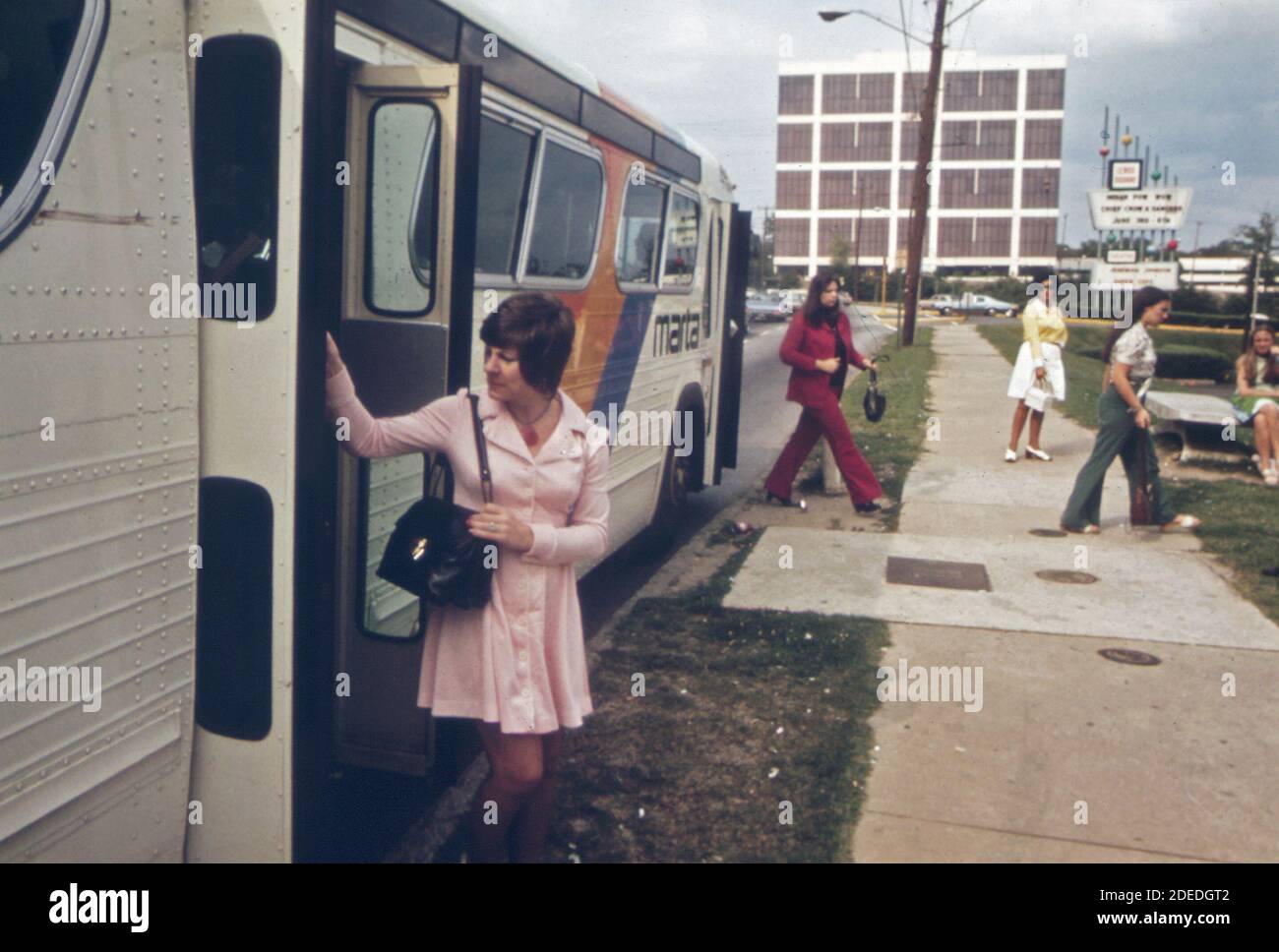 Passengers leaving a Metropolitan Atlanta Rapid Transit Authority (MARTA) bus in Atlanta; Georgia.  ca. 1974 Stock Photo