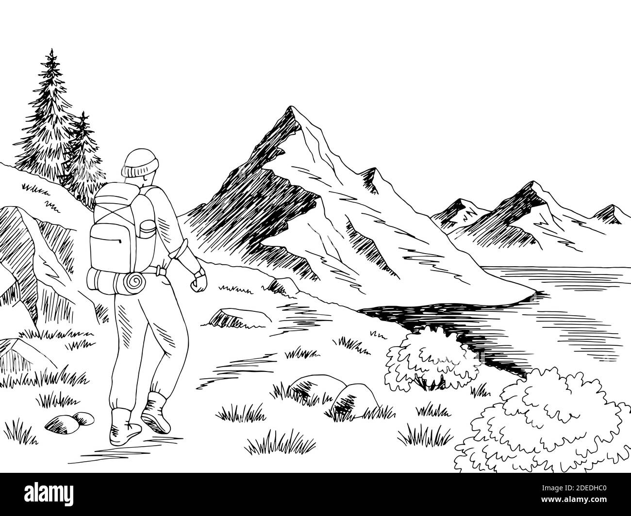 Hiker tourist walking at the mountains graphic black white landscape sketch illustration vector Stock Vector
