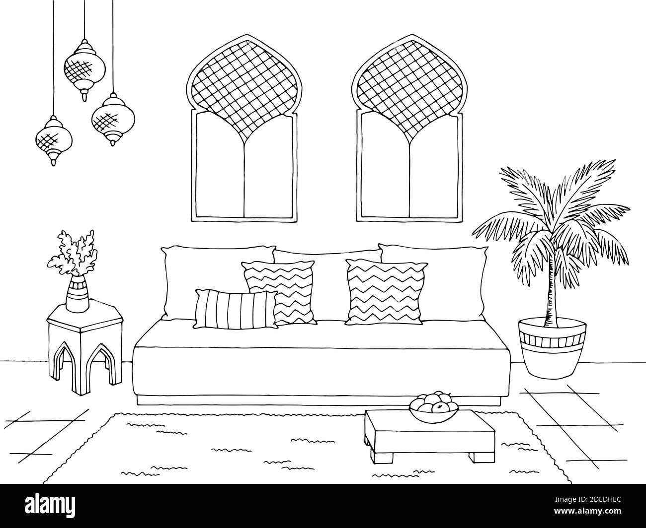 Living room graphic black white Arabic home interior sketch