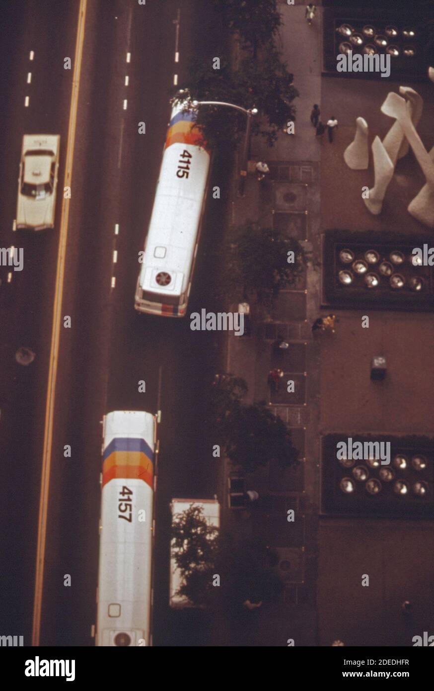 Overhead view of Metropolitan Atlanta Rapid Transit Authority (MARTA) buses in downtown Atlanta; Georgia.  ca. 1974 Stock Photo