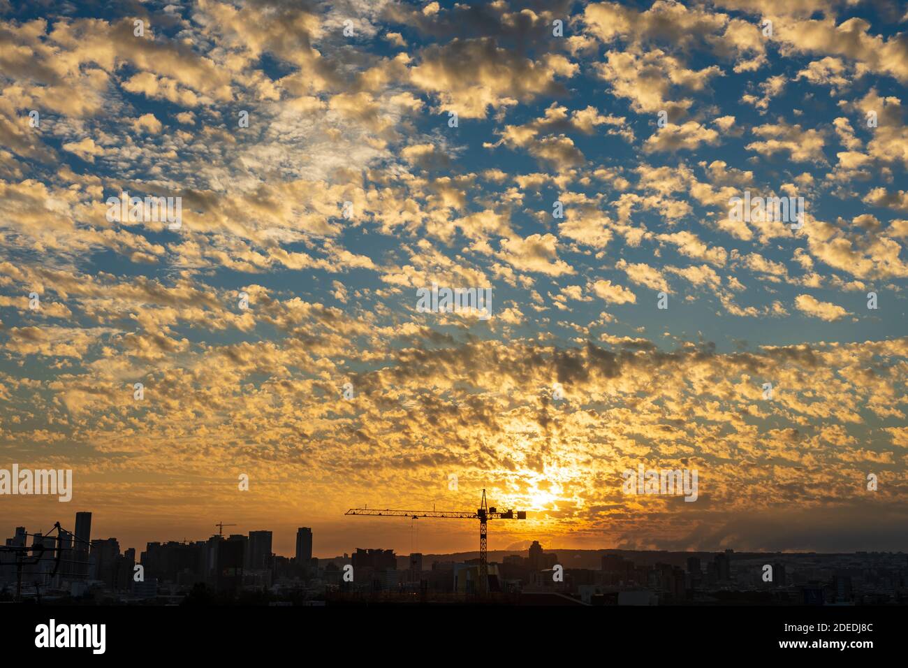 Cranes in the foreground and colorful altocumulus clouds sky in background in sunset time. City landscape at dusk. A concept of economic development. Stock Photo