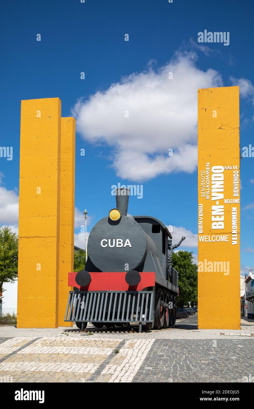 Train in the entrance of the town of Cuba in the Alentejo, Portugal. Stock Photo