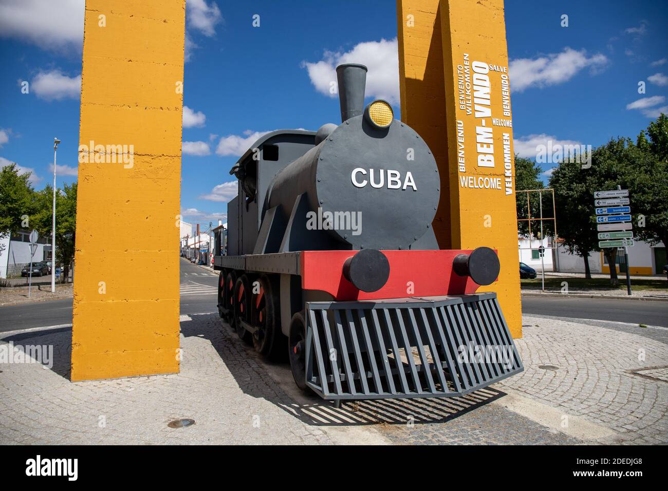 Train in the entrance of the town of Cuba in the Alentejo, Portugal. Stock Photo