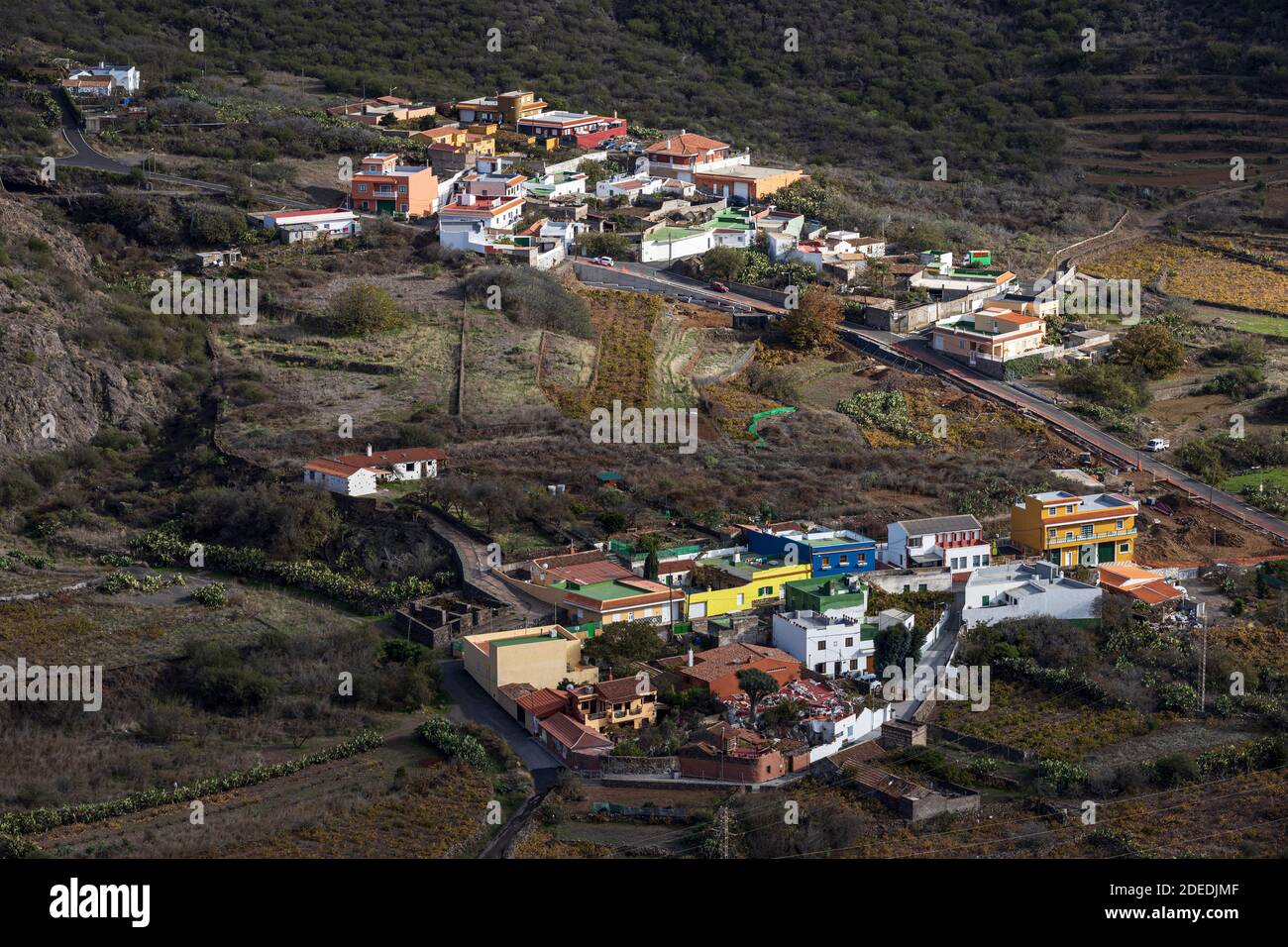 Aerial view of the village of Valle Arriba in Santiago del Teide from Puerta de Erjos, Teno, Tenerife, Canary Islands, Spain Stock Photo