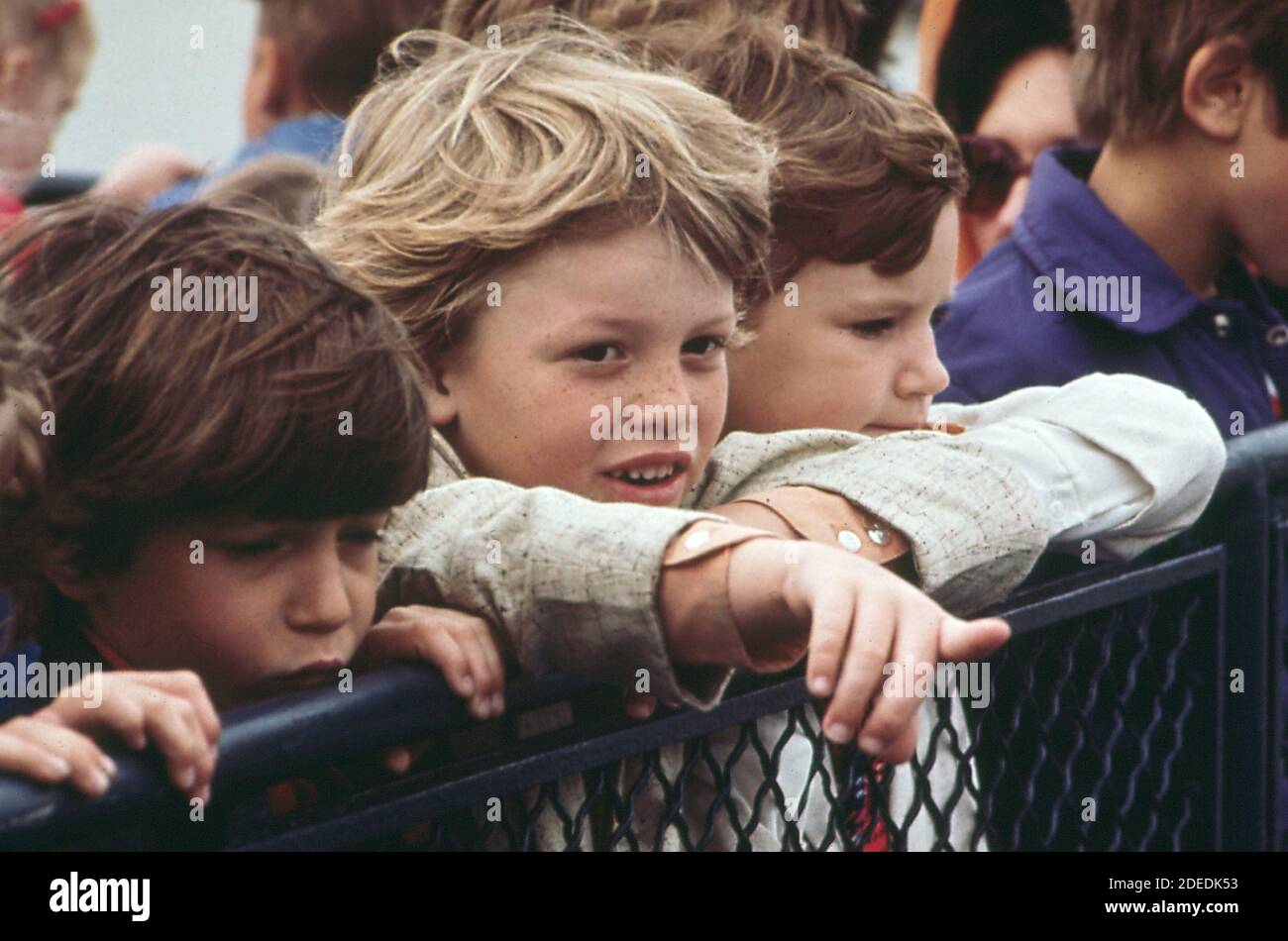 "School children and their teachers gather for a sailing tour of Baltimore Harbor aboard the ""Port Welcome."" ca. 1973" Stock Photo