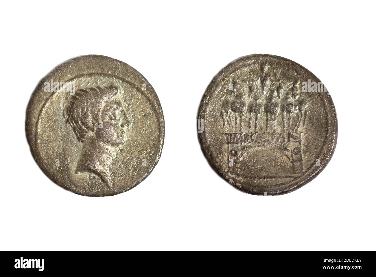 Old ancient coin AR Silver Denarius Emperor Octavian Augustus Roman (reverse side) Victory Arch emperor on chariot 30 -29 BC Stock Photo
