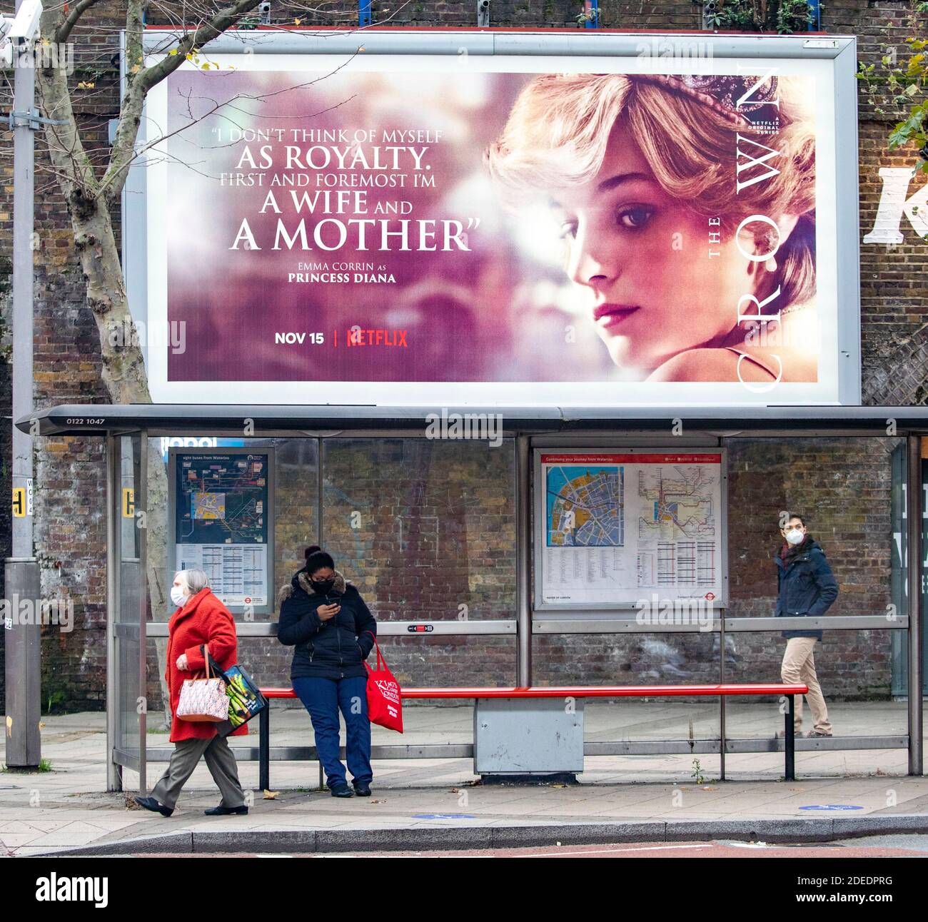 Posters for The Crown - Netflix controversial tv series 4 at Waterloo Station in London today  Where the 3d lettering appears to have been stolen from Stock Photo