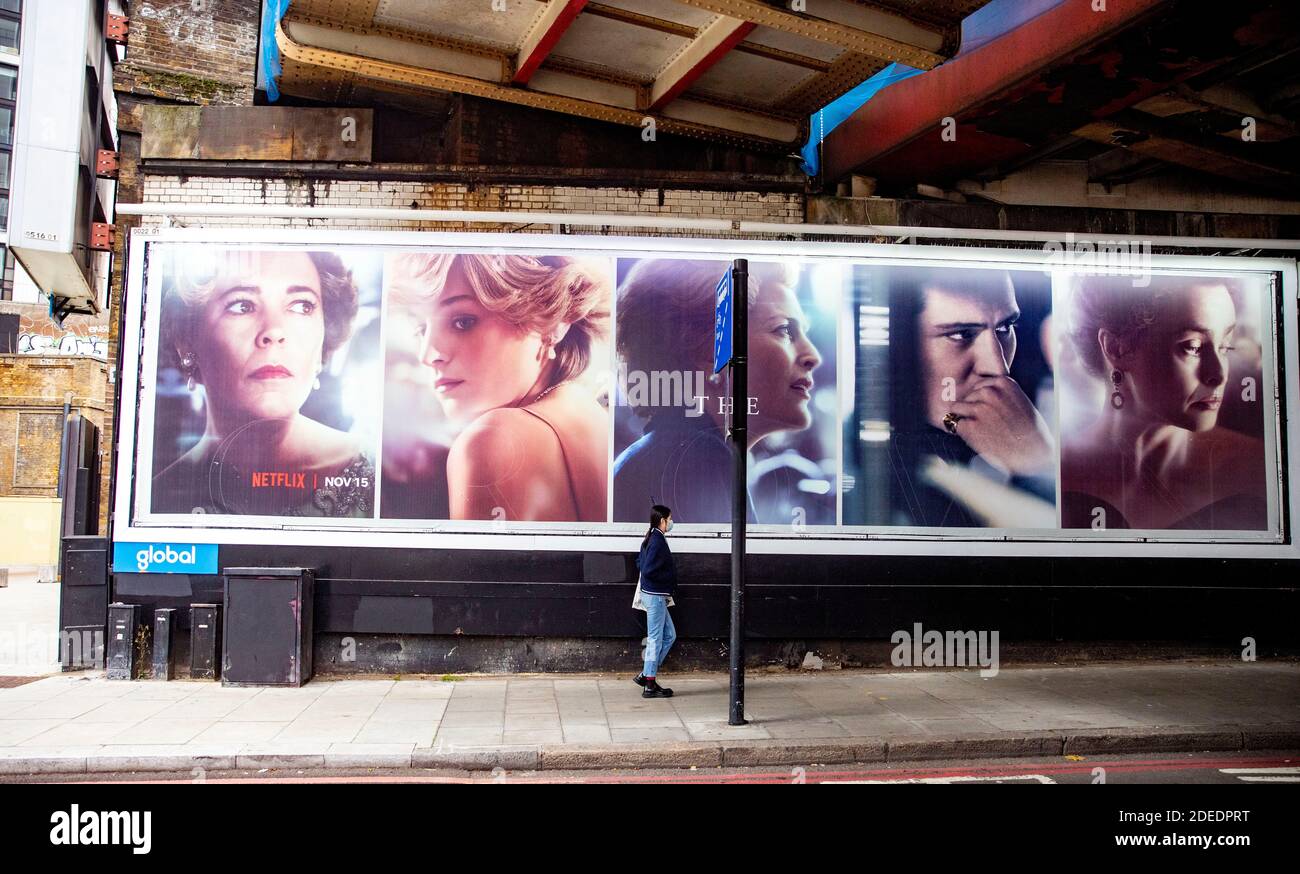 Posters for The Crown - Netflix controversial tv series 4 at Waterloo Station in London today  Where the 3d lettering appears to have been stolen from Stock Photo