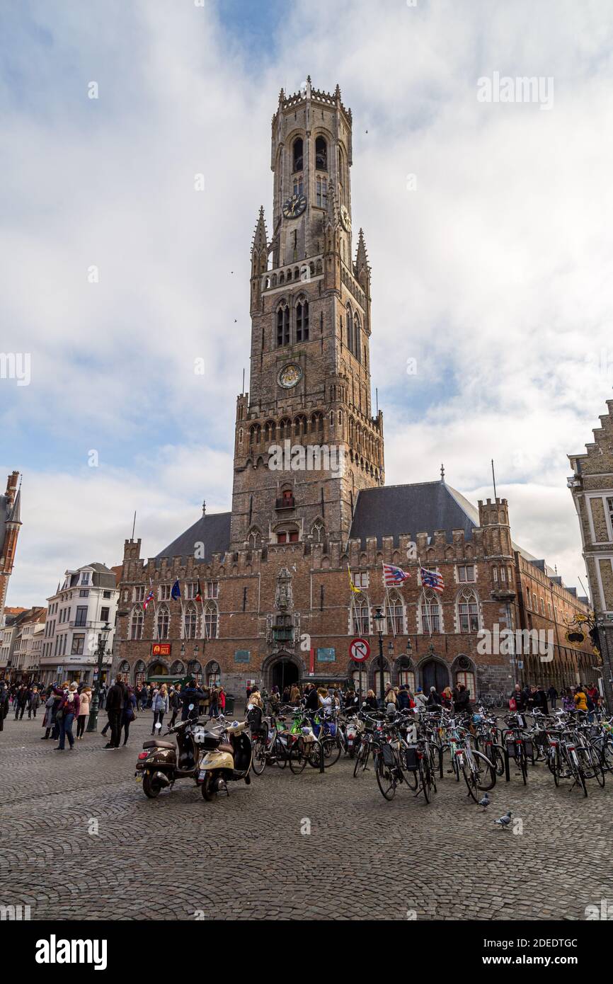 Belford tower Bruges, belfry tower, Brugge City centrum, bruges city center Belgica Europe European union EU Flanders capital dutch speaking Flemish Stock Photo