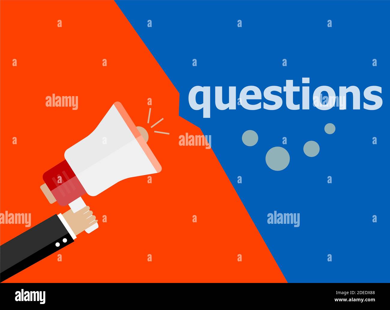 Questions. Hand holding megaphone and speech bubble. Flat design Stock Photo