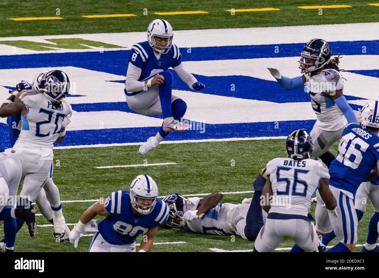 CLEVELAND, OH - OCTOBER 11: Indianapolis Colts Punter Rigoberto Sanchez (8)  in game action during a NFL game between the Indianapolis Colts and the  Cleveland Browns on October11, 2020 at FirstEnergy Stadium