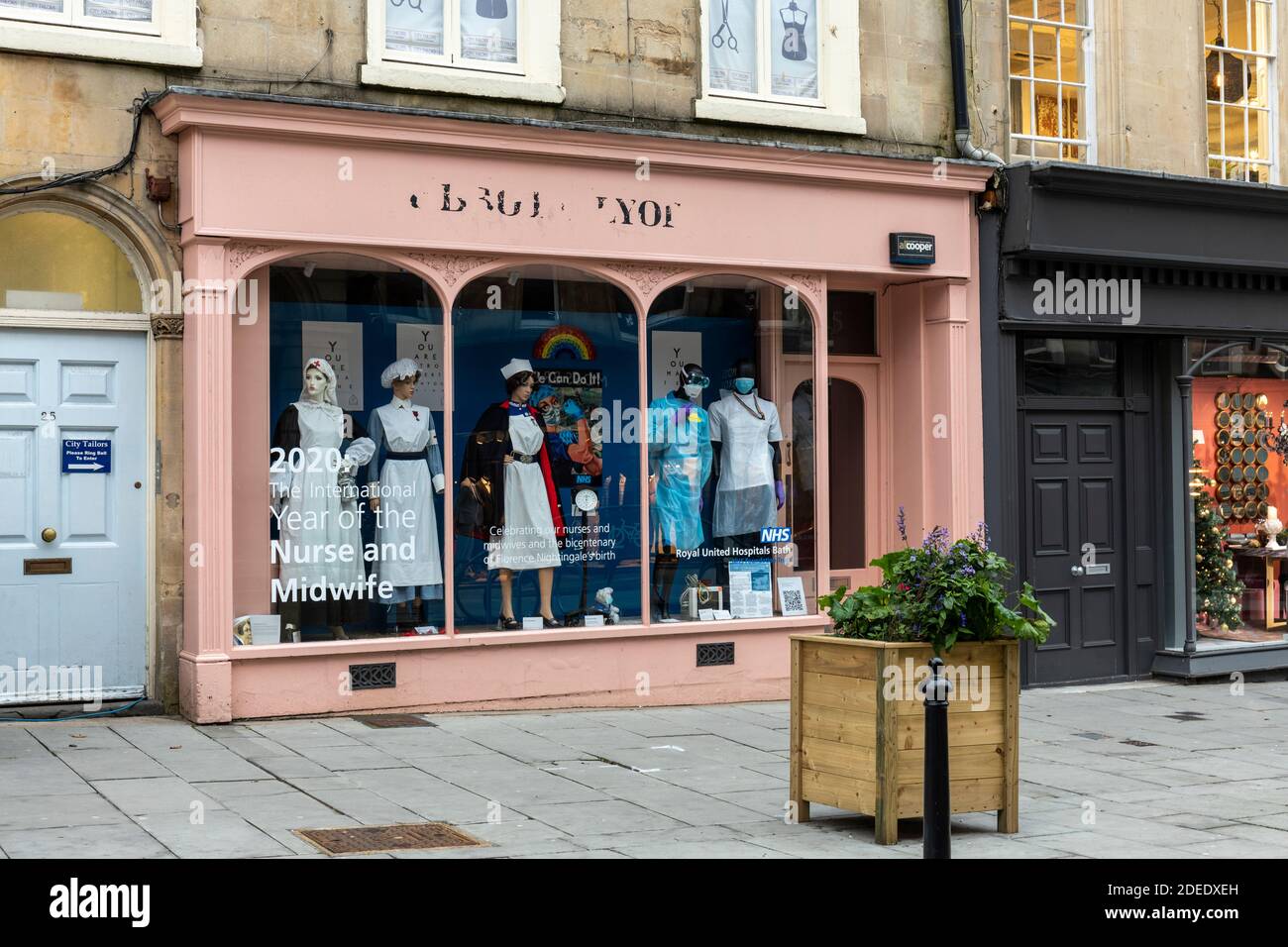 A shop window in Bath City centre celebrating 2020 being the International Year of the Nurse and Midwife. Milsom Street, Bath City centre, England, UK Stock Photo