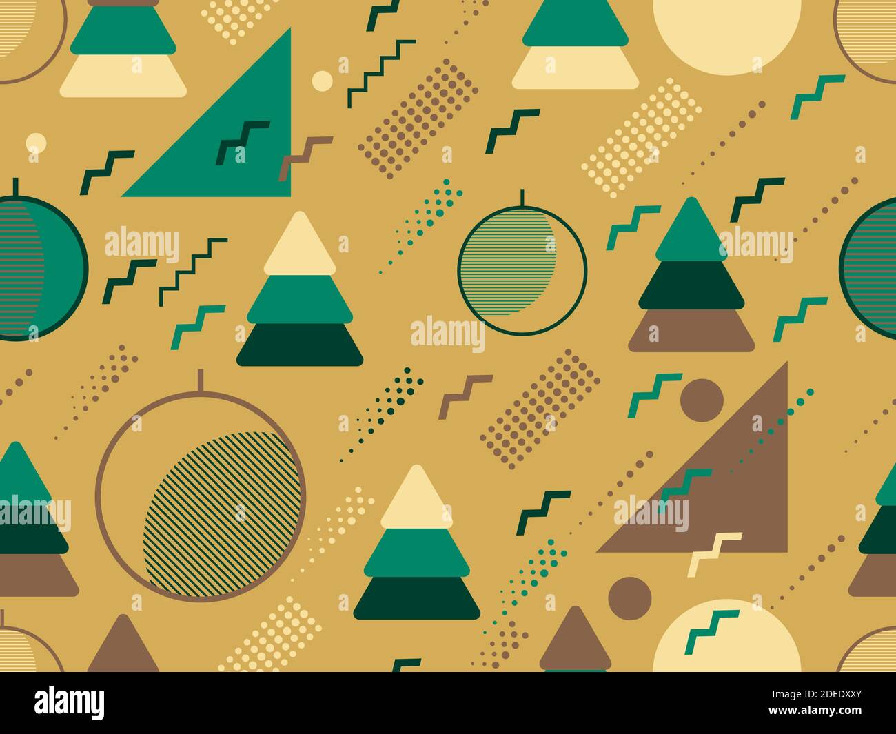 Christmas seamless pattern with geometric shapes in the style of the 80s. Christmas balls and Christmas trees with triangles, circles and for brochure Stock Vector