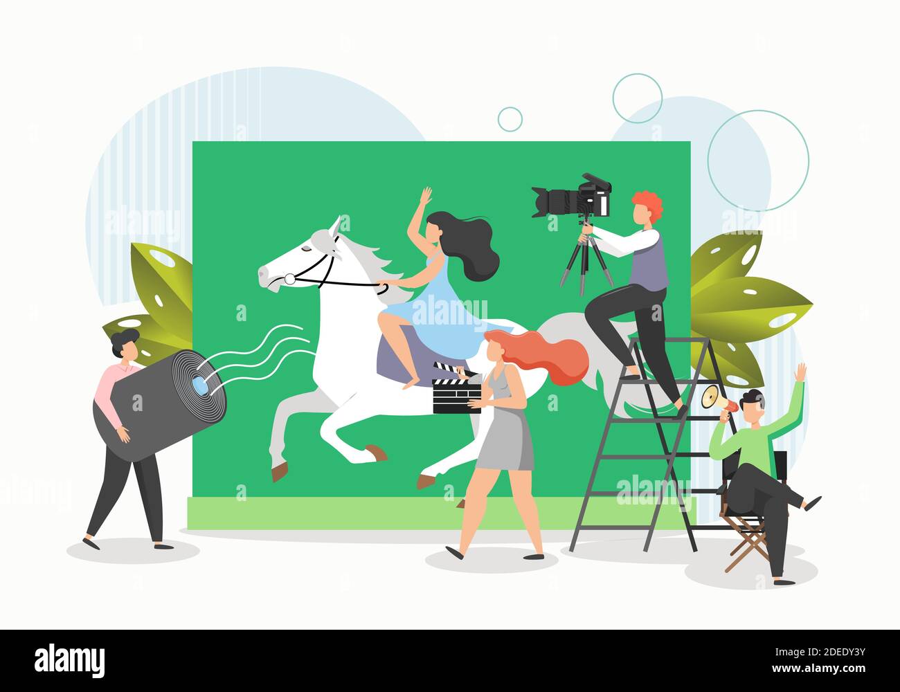 Film crew shooting movie, flat vector illustration. Actress riding horse. Cinematography, filming process. Stock Vector