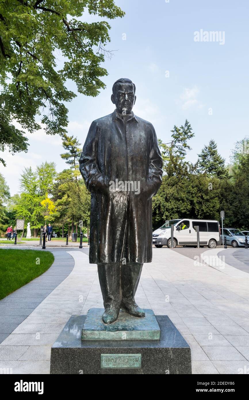 Statue of the famous litterateur and Nobel prize winner Ivo Andric, located on the Andric's wreath in the center of Belgrade, at the entrance to the P Stock Photo