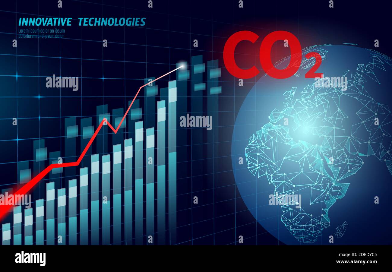 CO2 air pollution planet Earth. Growing graph of damage climatic problem. Ecology environment danger carbon dioxide. Global warming greenhouse balance Stock Vector
