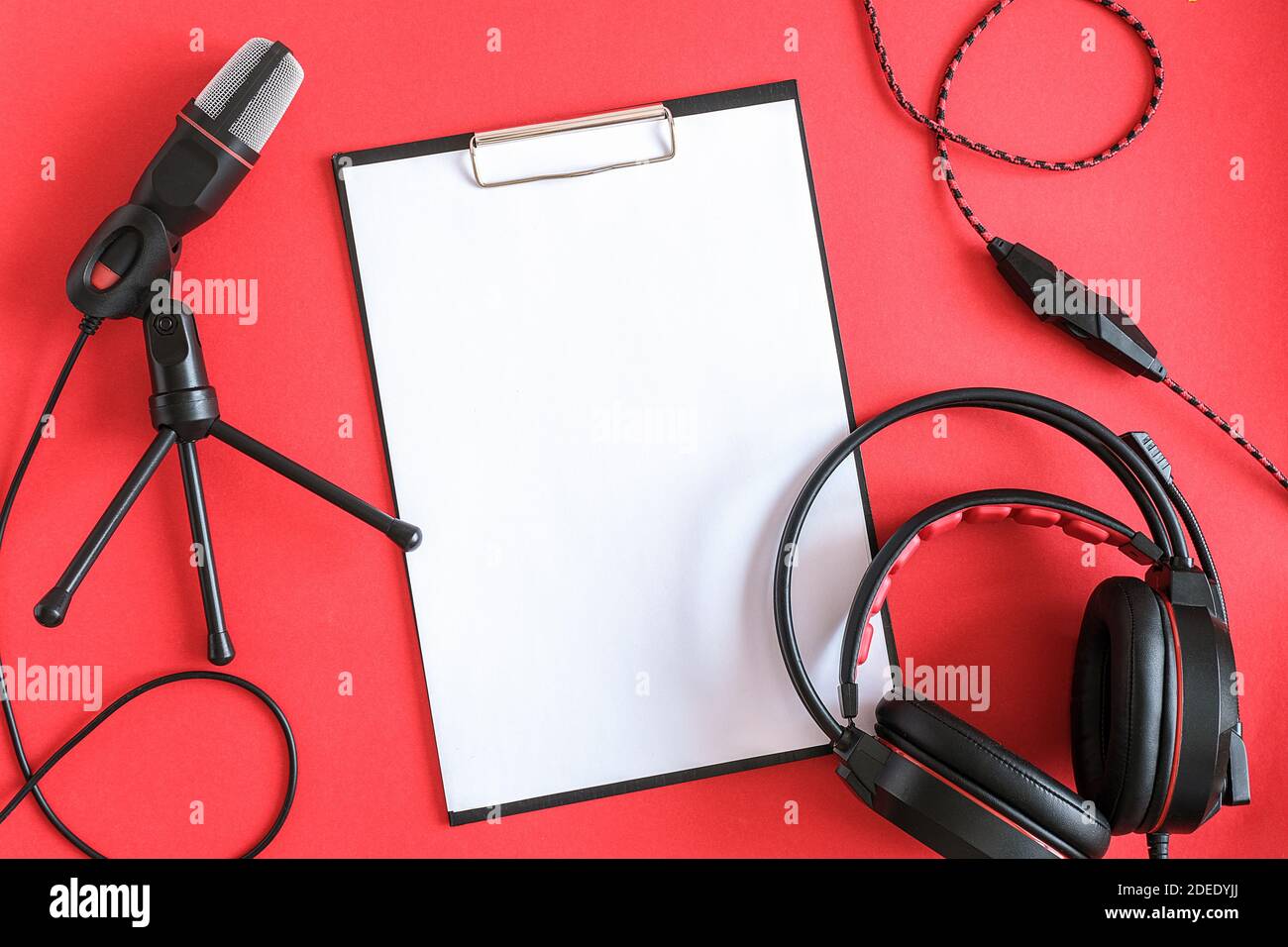 Download Headphones Microphone And Clipboard With White Paper On Red Background Concept Music Or Podcast Top View Flat Lay Copy Space Mockup For Your Text Stock Photo Alamy