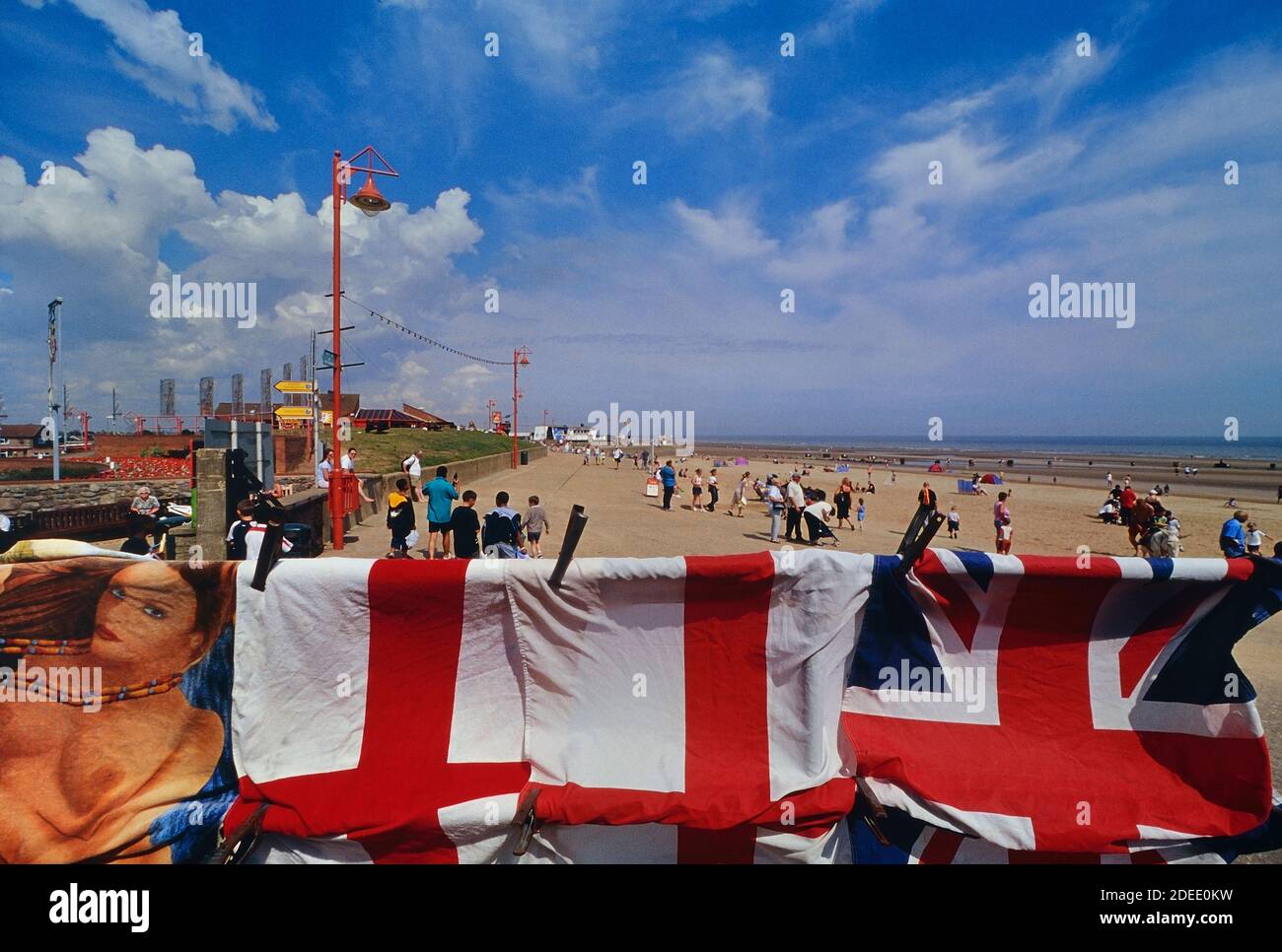 Beach towels for sale along Mablethorpe promenade. Lincolnshire