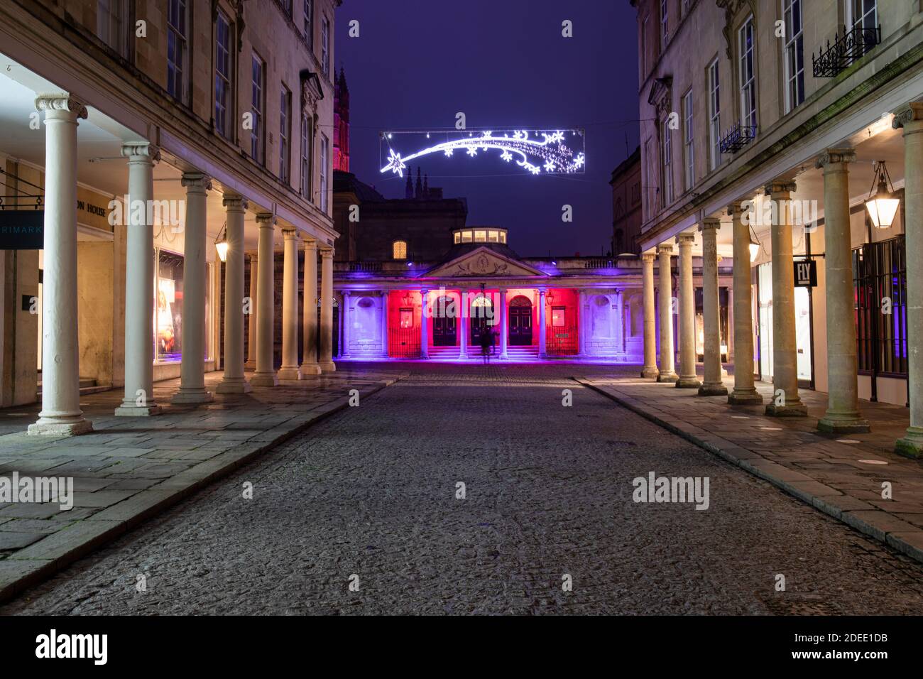 The Romans Baths lit with colourful festive projected illuminations