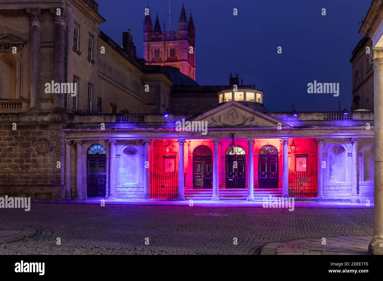 The Romans Baths lit with colourful festive projected illuminations