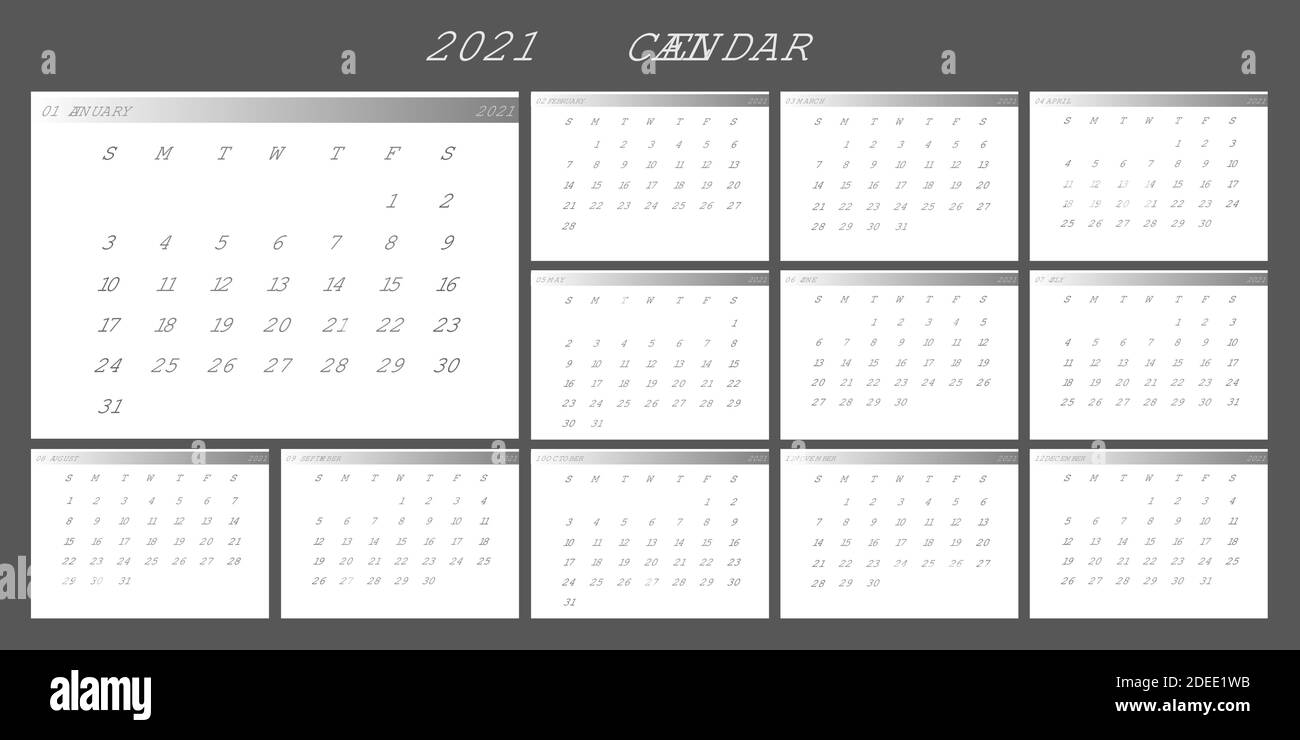 2021 year annual calendar template in a minimalism white style. Wall monthly calendar set of 12 months 2021 pages ready for print. Week Starts on Sunday. Stock Vector