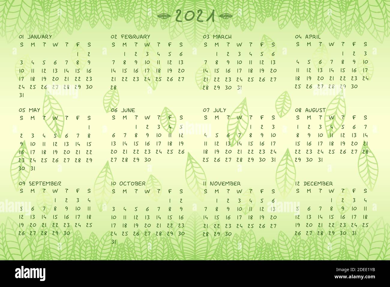 2021 wall annual calendar template in a cute botanical ecostyle. Calendar design concept with hand drawn font type and green leaves. Week Starts on Sunday Stock Vector