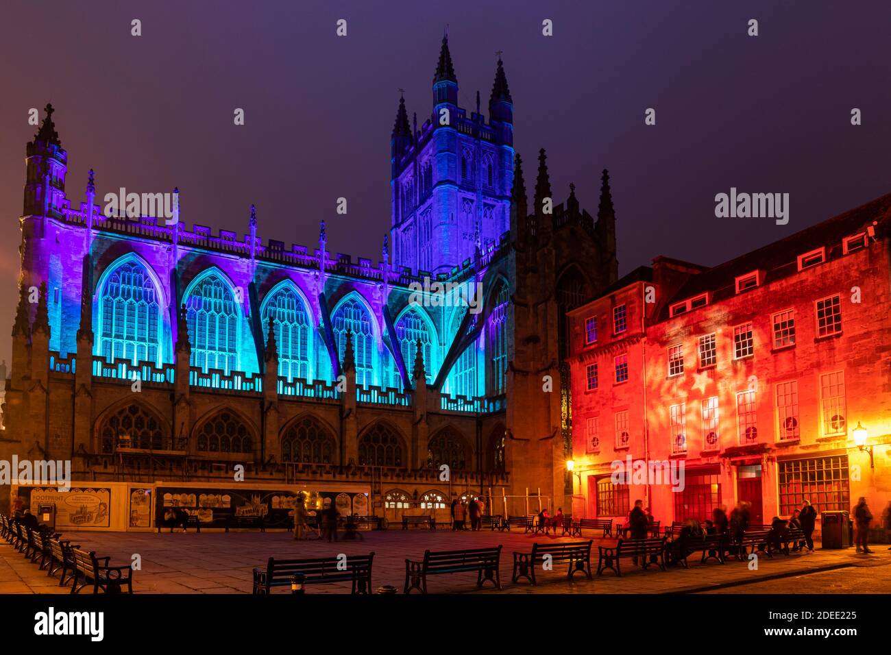Bath Abbey lit with colourful illuminations and is part of the 2020 ...