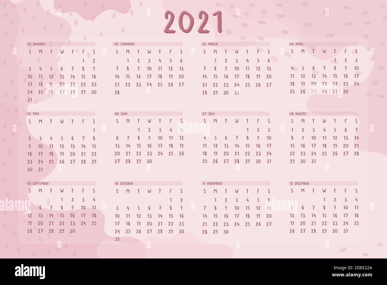 2021 year wall annual calendar template cute minimalist style. Abstract pink hand drawn spots dots lines. Week Starts on Sunday Stock Vector