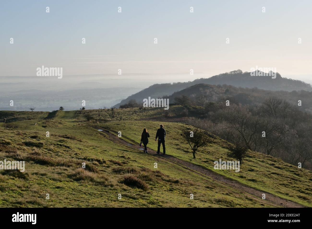 Walking at British Camp, on the Malvern Hills, near Ledbury, Herefordshire, England, UK Stock Photo