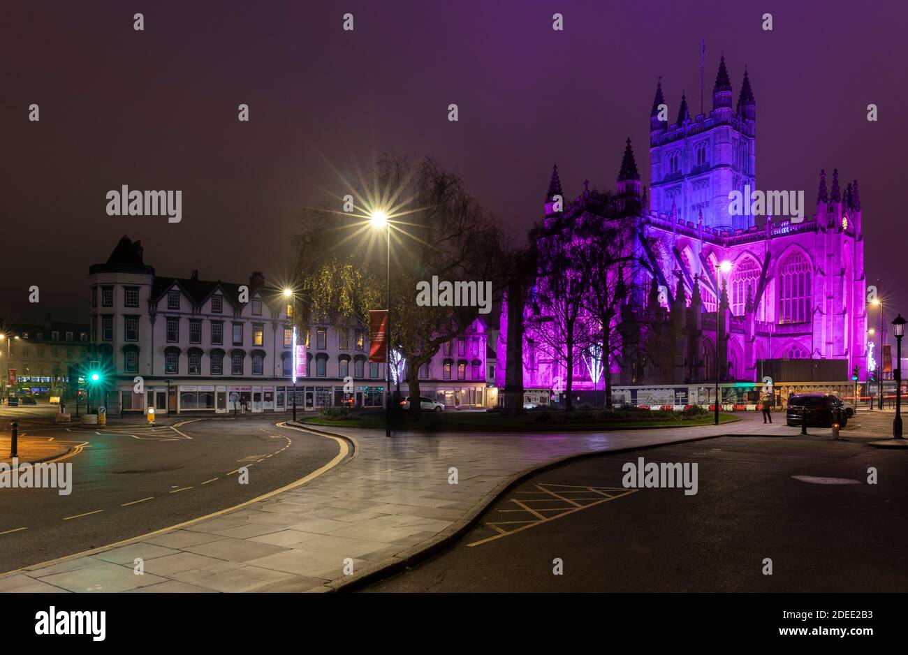 Bath Abbey lit with colourful illuminations and is part of the 2020 Christmas Light Trail in Bath City Centre, Somerset, England, UK Stock Photo