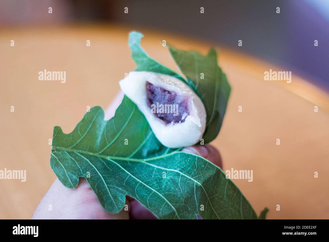 A mochi wrapped in fig leaf from a market in Kyoto, Japan Stock Photo