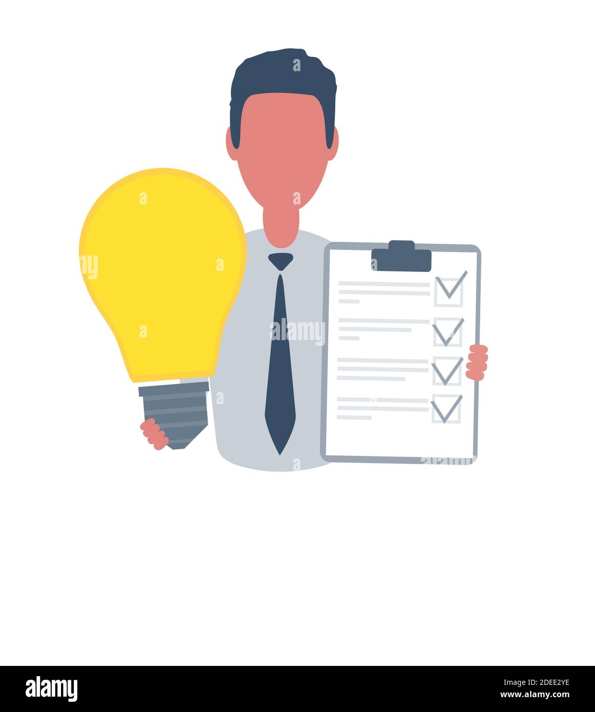 Businessman or clerk holding a questionnaire and a lightbulb. Male 