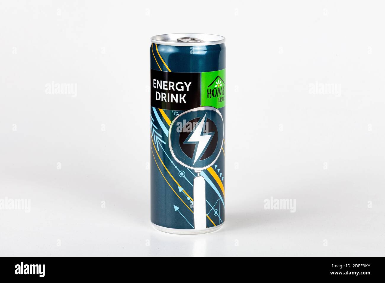 Home Drink energy drink can, 250 ml. Simple carbonated caffeinated sugary drink produced by Stokrotka, a Polish reatil company, studio shot Stock Photo