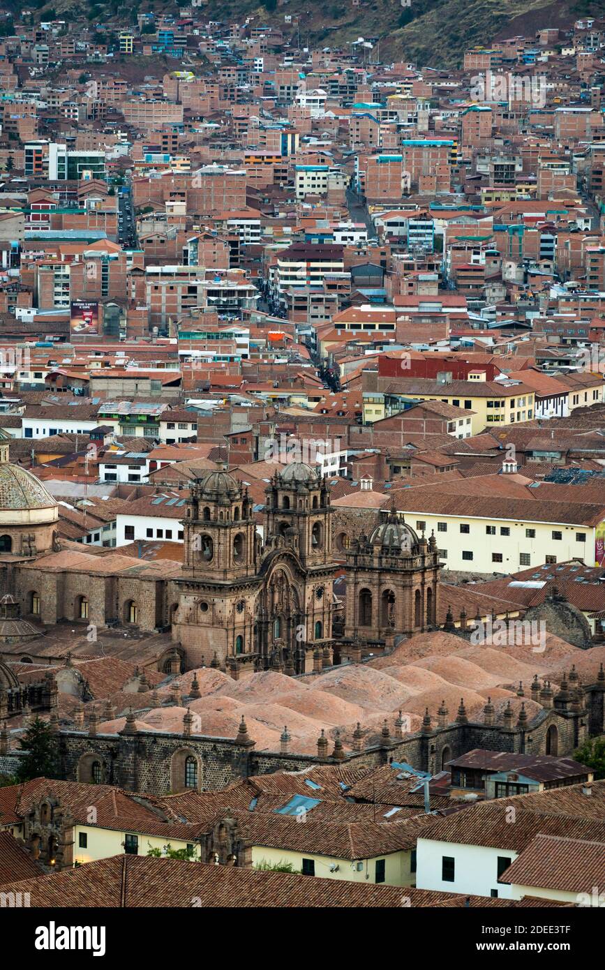 Aerial view of Church of the Society of Jesus and Cusco Cathedral, Cusco, Peru Stock Photo
