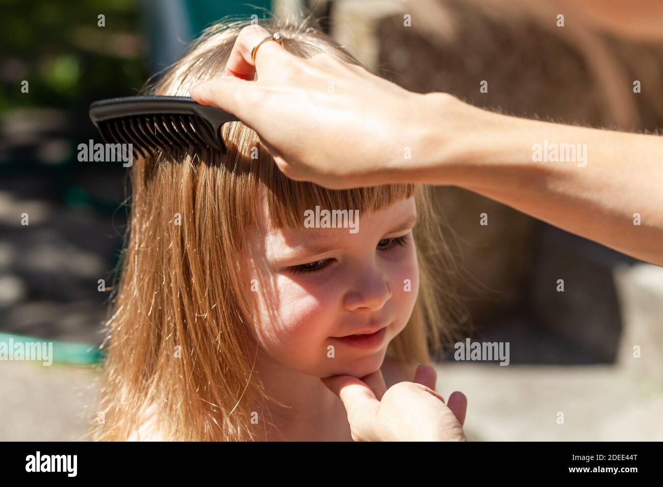 Mother combing her daughters hair, child being combed by her mom using a black comb, closeup, portrait. Woman doing happy little girls hair, outdoors Stock Photo