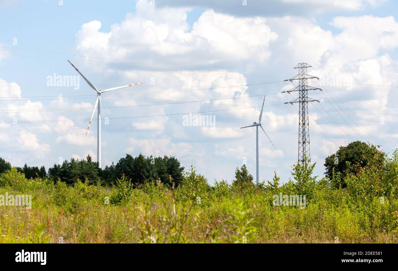 Two wind turbines and power lines in a green field, country landscape shot, sunny weather. Green energy, ecology, alternative renewable energy sources Stock Photo