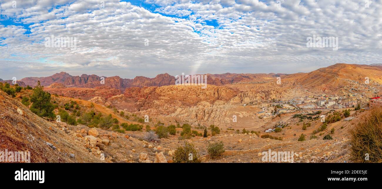 Panoramic view over the ancient city of Petra Stock Photo