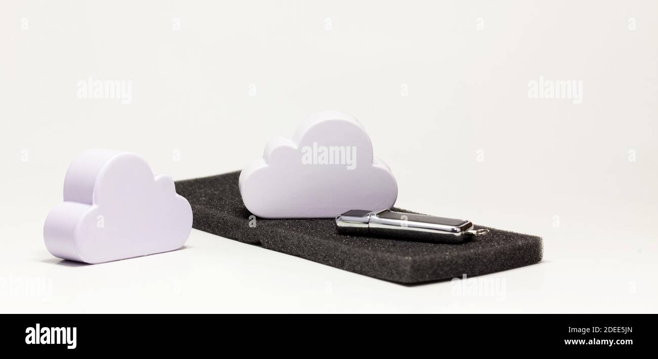 Cloud data storage solution model, cloud remote server file storing, sharing, internet drive storage technology solutions symbol, abstract concept Stock Photo