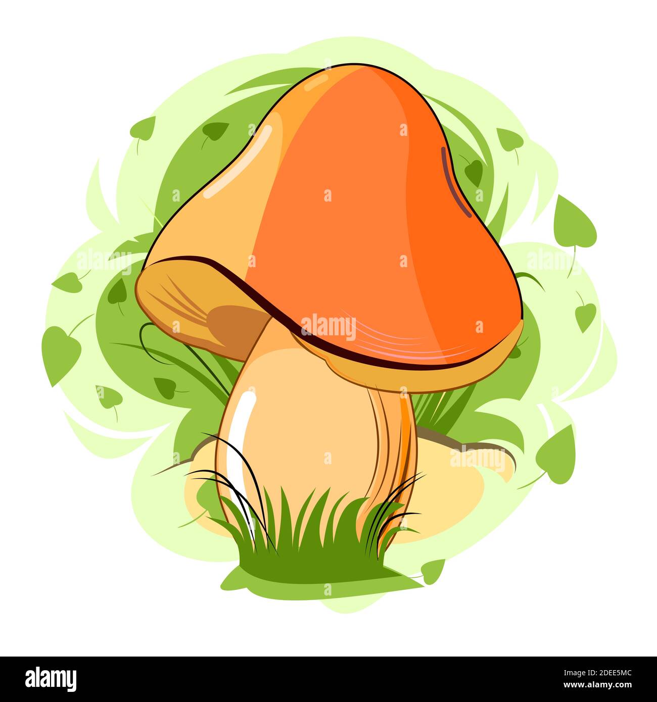 Orange mushroom on an abstract background. Picture. Vector isolated on white. Cartoon flat style. Beautiful little forest mushroom in the grass. Stock Vector