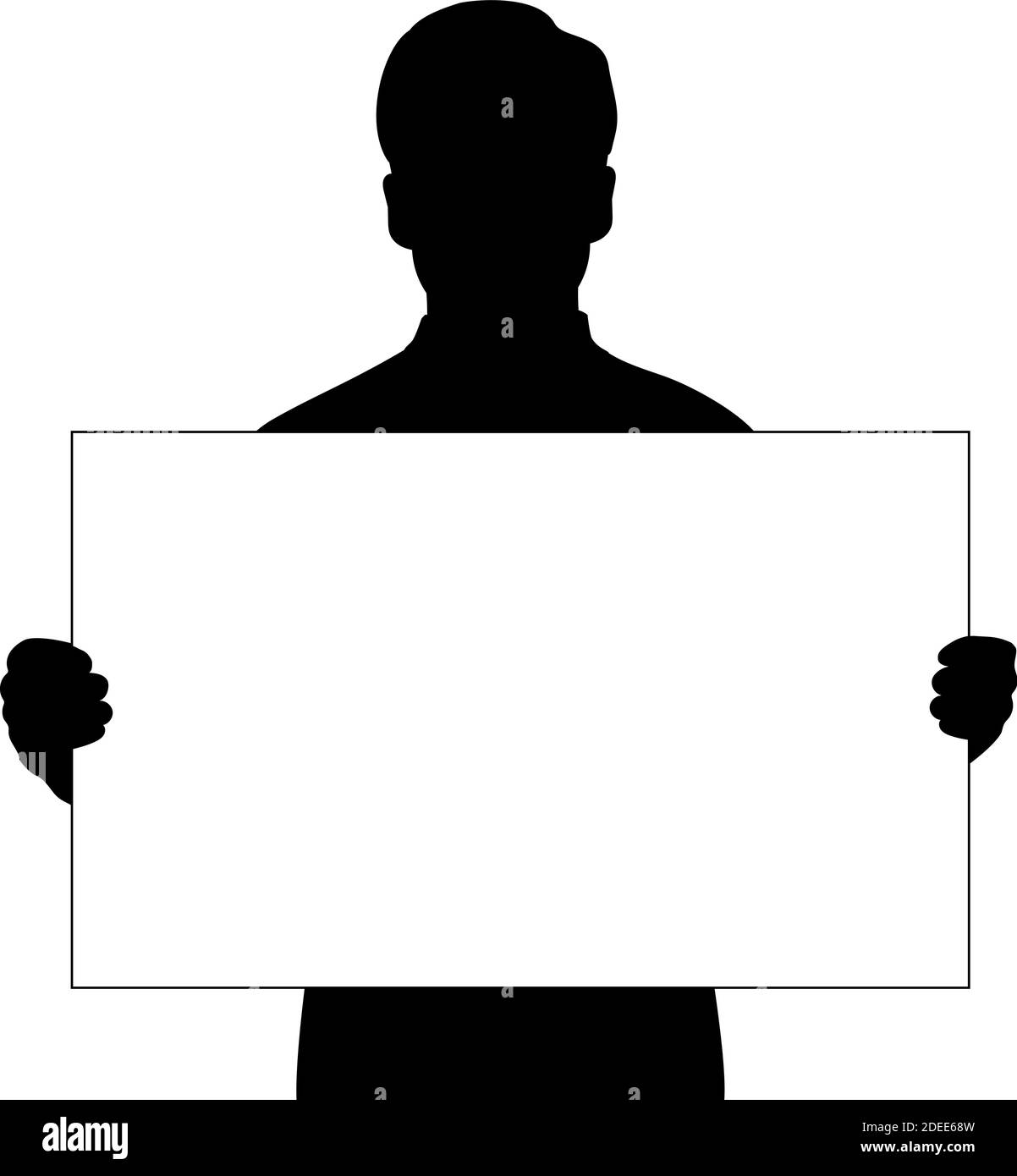 Silhouette men holds banner placard blank white sheet for text space closeup. Illustration symbol icon Stock Vector